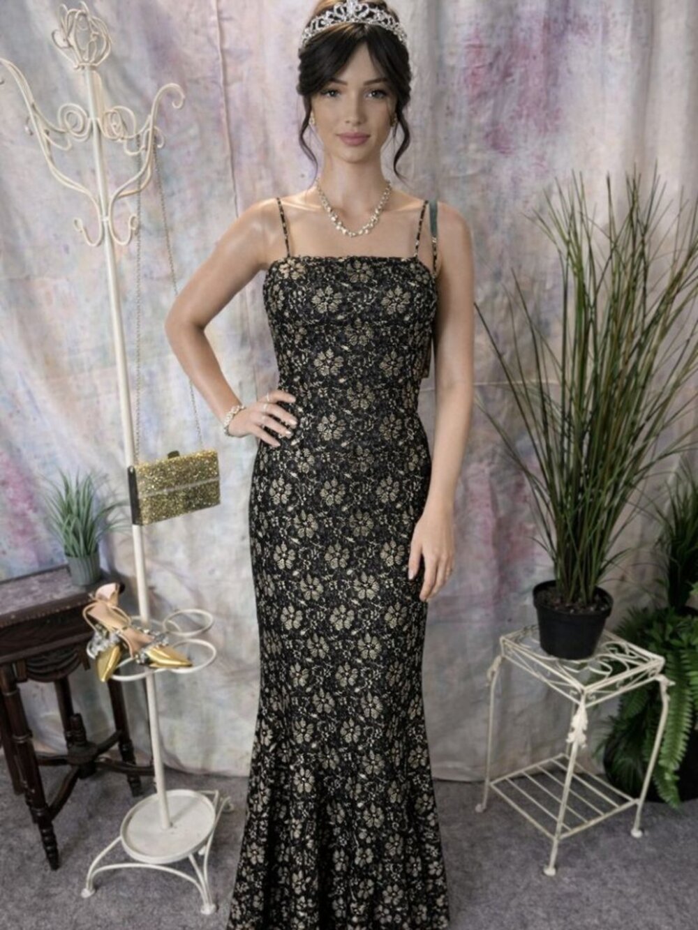 NEW📌 Je Matadi Lace Black/ Gold Floral Maxi Formal Dress with Long Slit